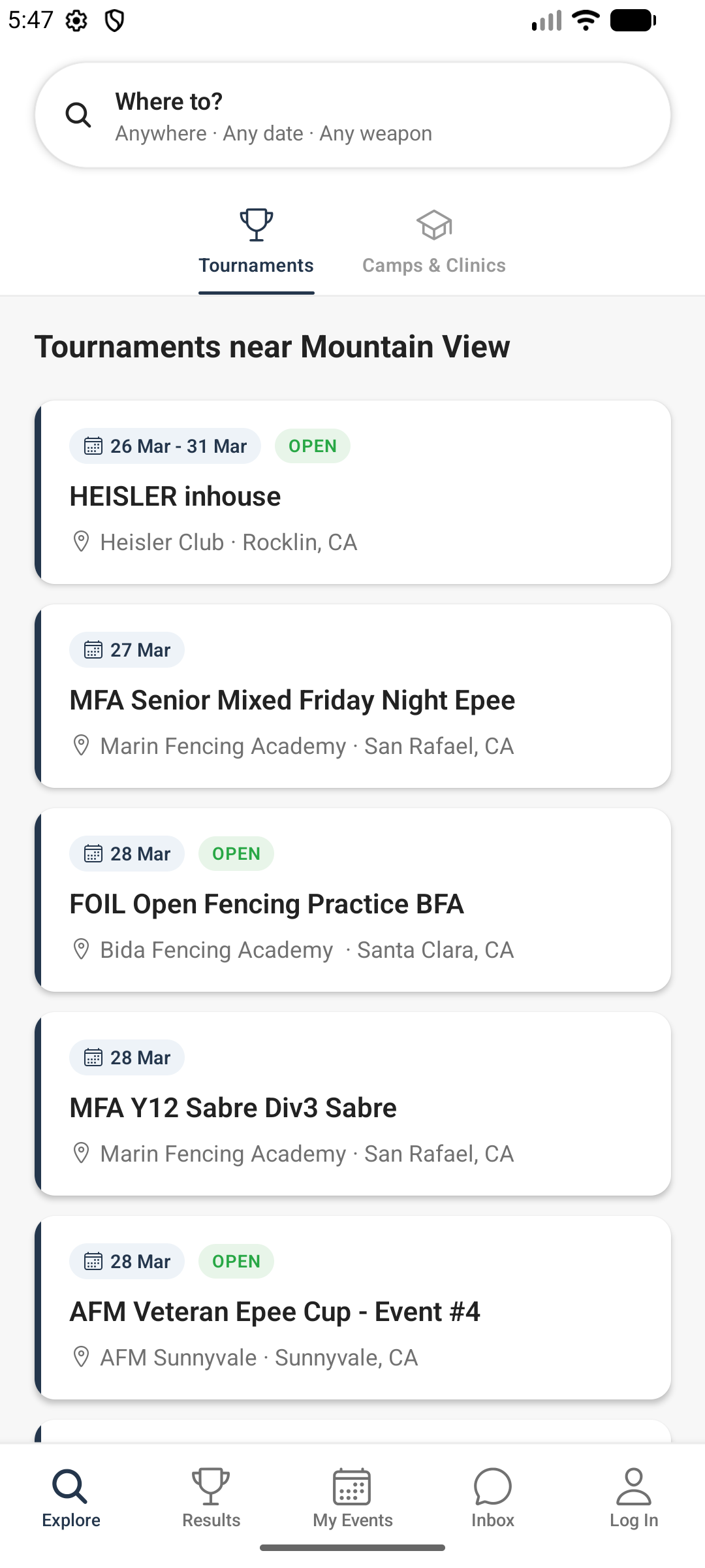 AskFRED mobile app showing nearby tournaments